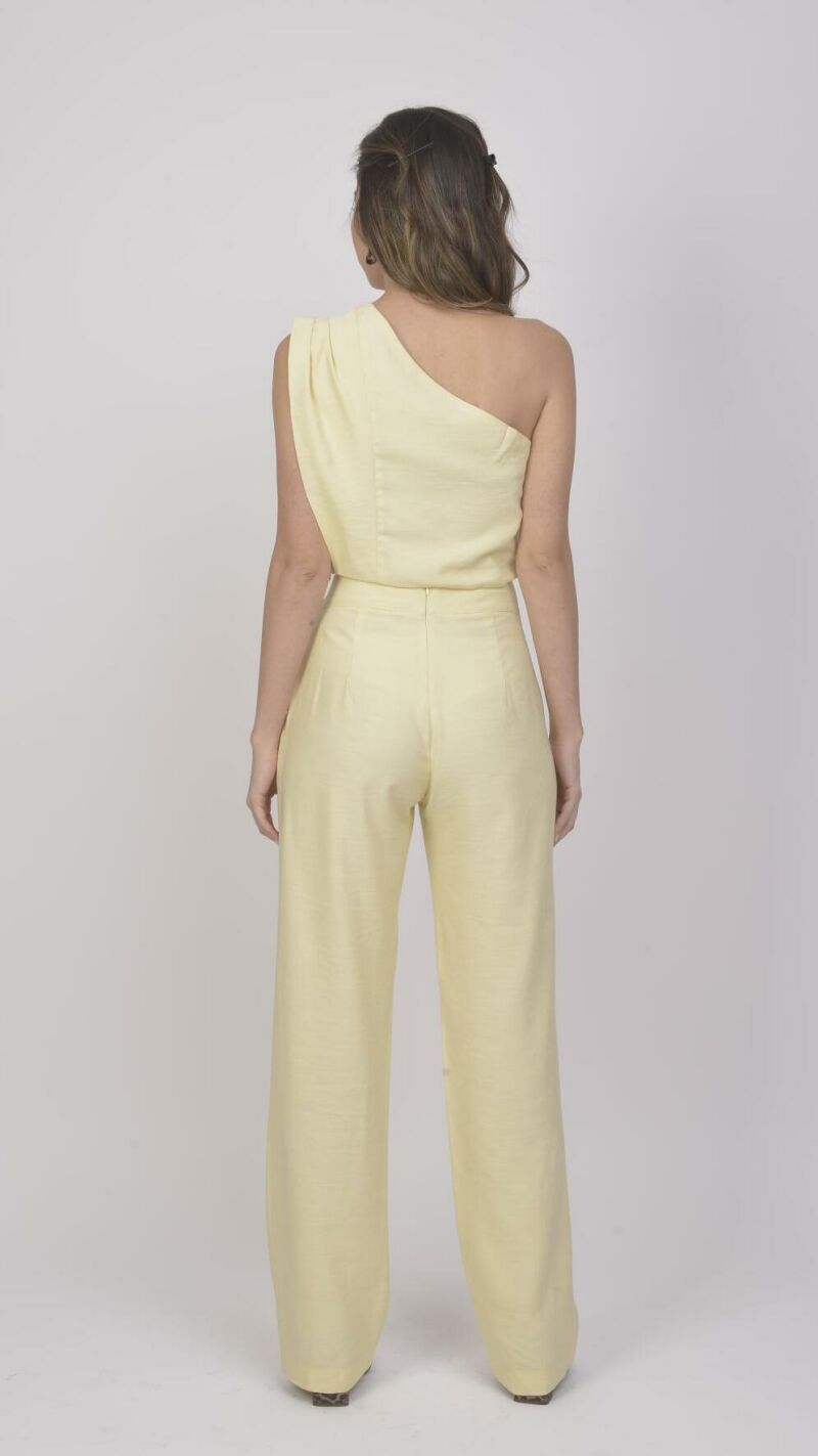 Imagem de Conjunto de Alfaiataria Calça Reta e Cropped Assimétrico de um ombro só - Amarelo Manteiga